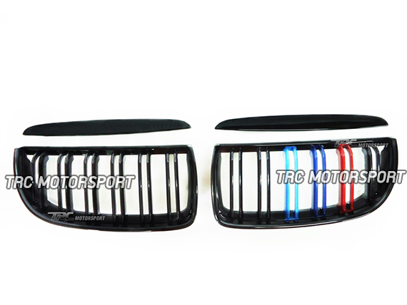 หน้ากระจัง E90 2005-07 ทรง M3 Power style สีขอบดำเงา ก้านคู่ พร้อมคิ้วกระจัง  (Gloss Black M color)